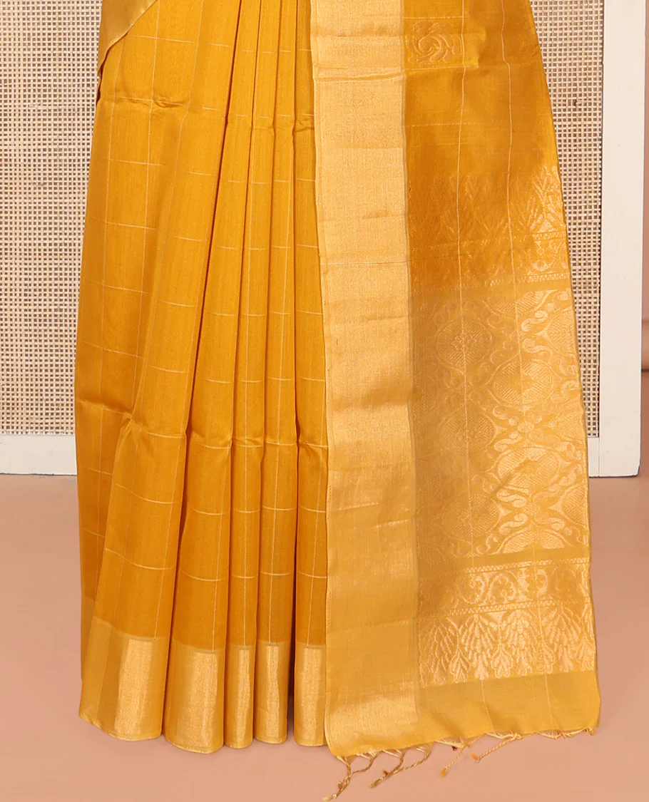 Yellow Silk Cotton Saree, Subtly Sparkled With Butta Enclosed Checks On Its, Subtle Bavanji Border, Grand Jaal Pallu and Paired with a Matching Blouse - Image 4