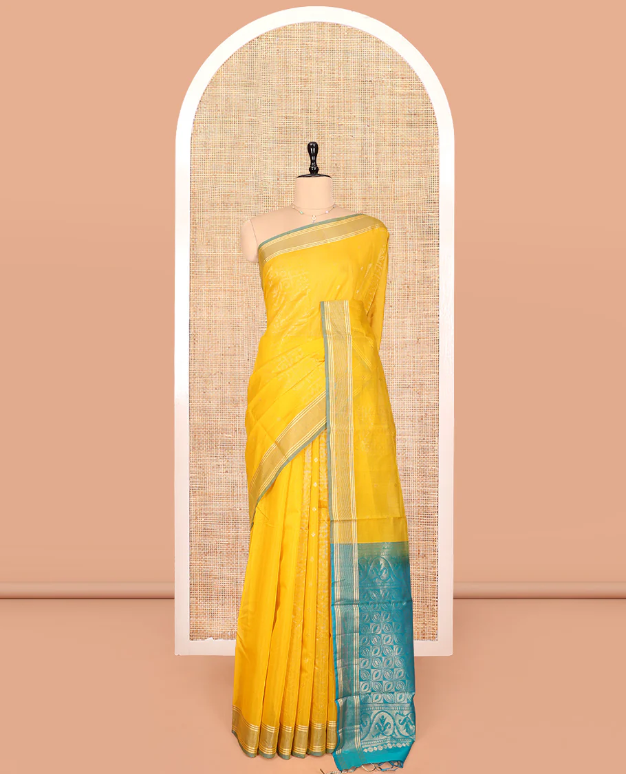 Yellow Silk Cotton Saree, Subtly Sparkled with Zari Weave, a Subtle Border, Complemented by Contrast Zari Design Pallu and a Contrast Blouse - Image 3