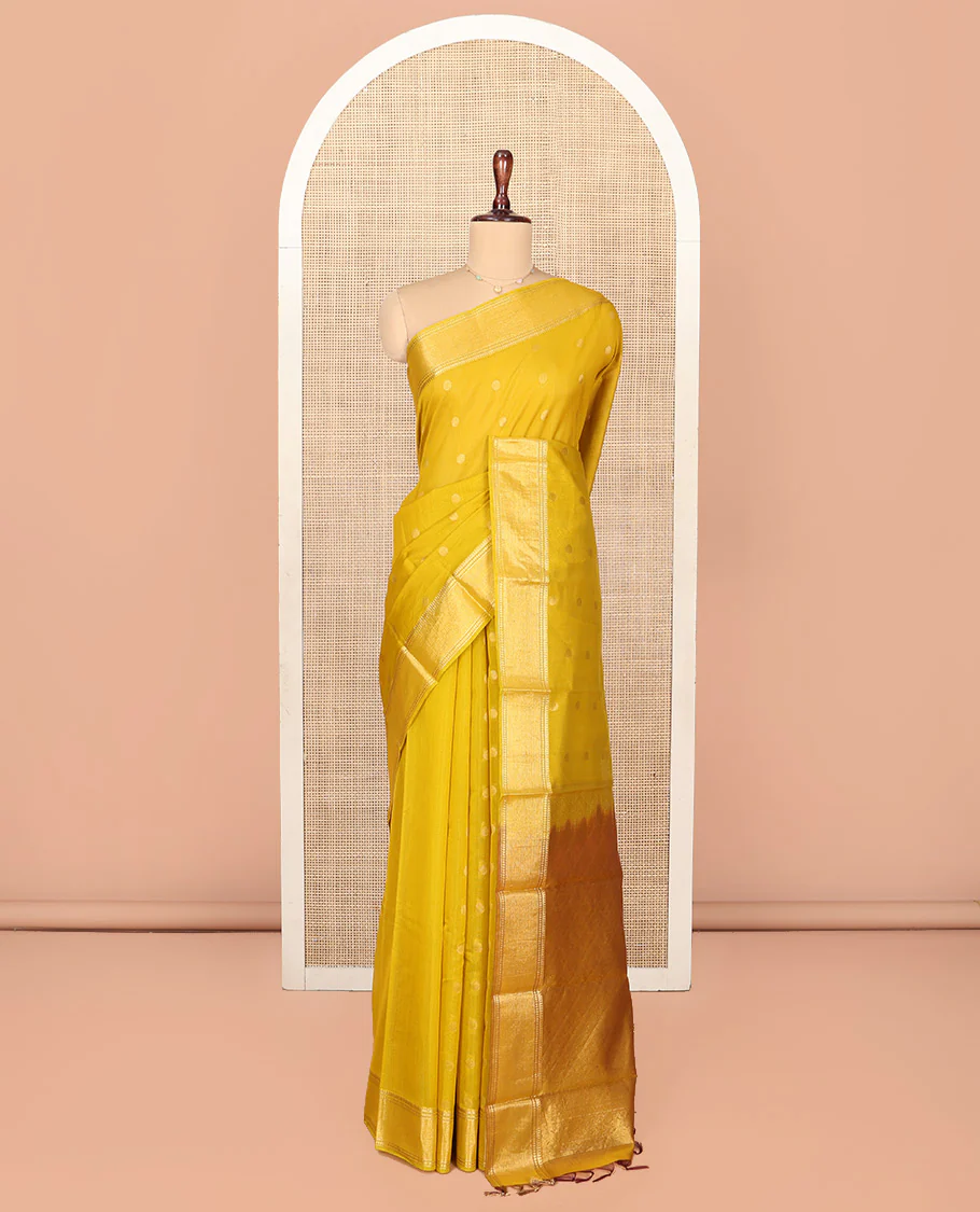 Yellow Silk Cotton Saree, Subtly Woven with Buttas All Over Its Body, Highlighted by Zari Border, Diagonally Woven Pallu and Paired with a Matching Blouse - Image 3