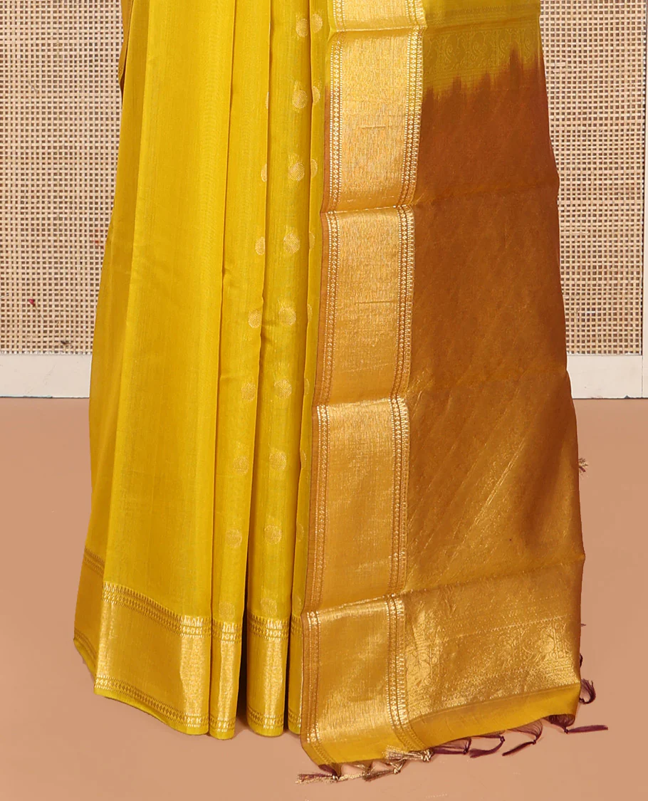 Yellow Silk Cotton Saree, Subtly Woven with Buttas All Over Its Body, Highlighted by Zari Border, Diagonally Woven Pallu and Paired with a Matching Blouse - Image 4