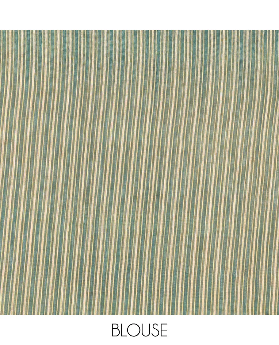 Yellow small thread buttas linen cotton saree, contrast temple zari piping border, striped pallu and a contrast blouse - Image 4