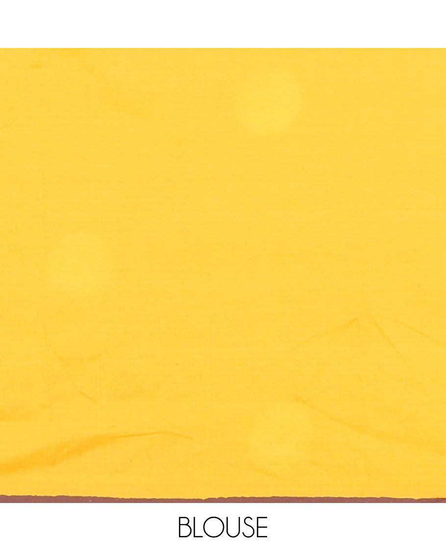 Yellow South Cotton Saree Featuring Eagle Motifs Enclosed Circles, Highlighted with a Contrast Border, and a Contrast Floral Motifs Block Printed Blouse - Image 4