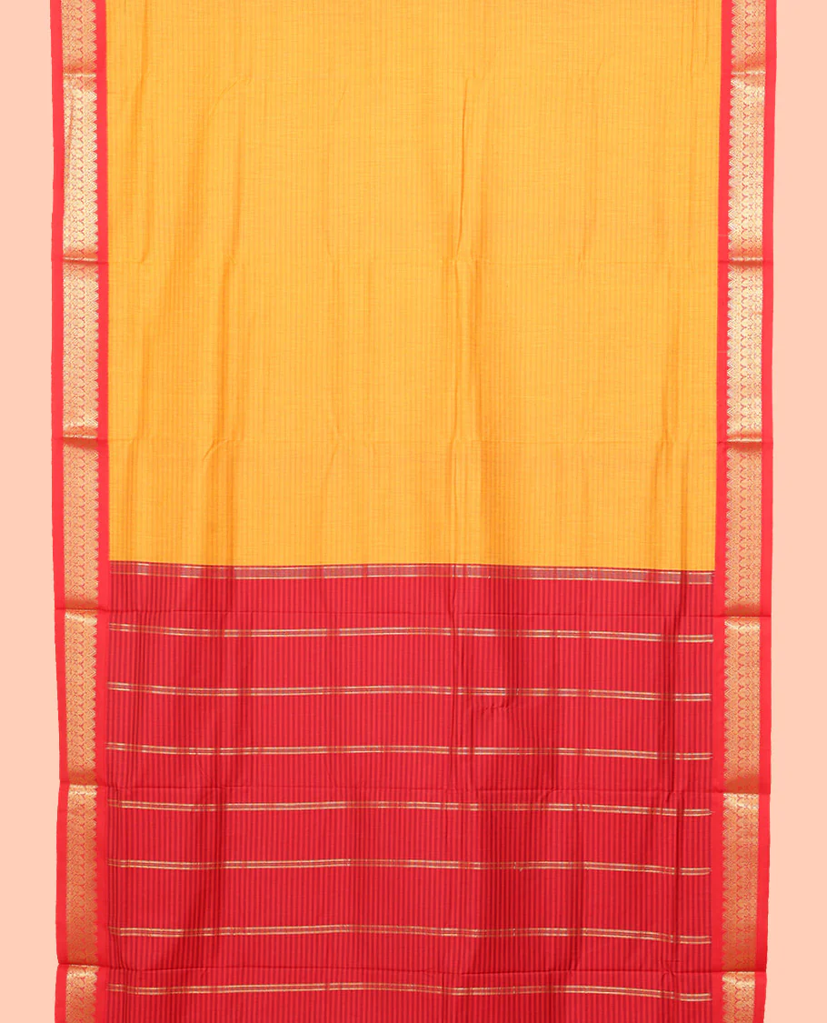 Yellow Striped Nine Yard Cotton Saree, Complemented by Contrast Traditional Zari Border, Pallu of Stripes, and Comes Without a Blouse - Image 2