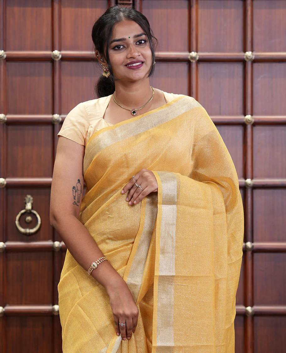 Yellow Tissue Saree, Gleamed Up with Zari Striped on Its Body, Highlighted by a Zari Border, Pallu Steeped with Zari Stripes, and Paired with a Matching Blouse - Image 3