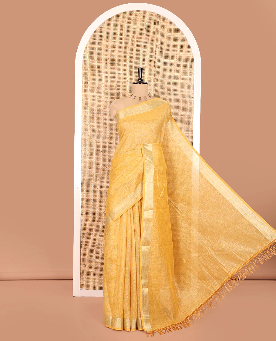 Yellow Tissue Saree, Gleamed Up with Zari Striped on Its Body, Highlighted by a Zari Border, Pallu Steeped with Zari Stripes, and Paired with a Matching Blouse - Image 4