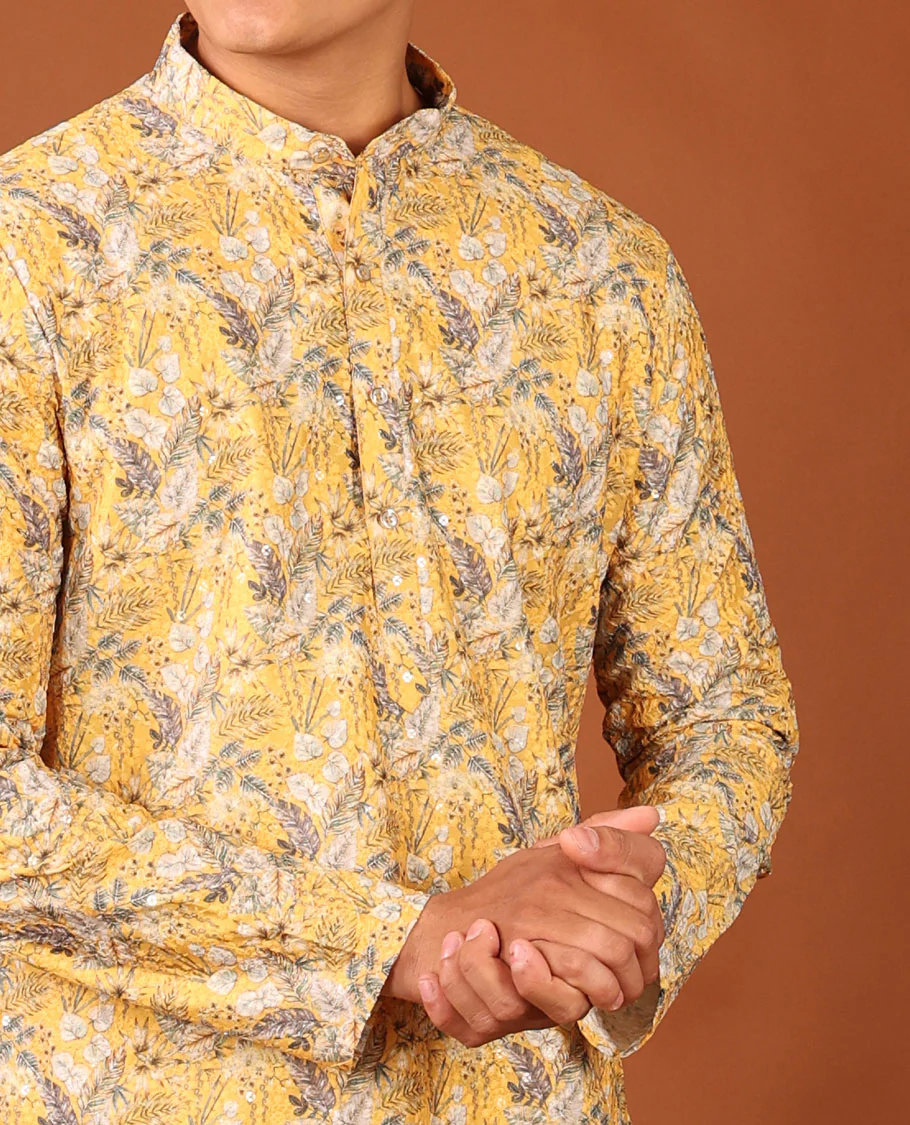 Yellow Tropical-Style Floral Printed with Sequins Work Full-Sleeved Men's Kurta - Image 3