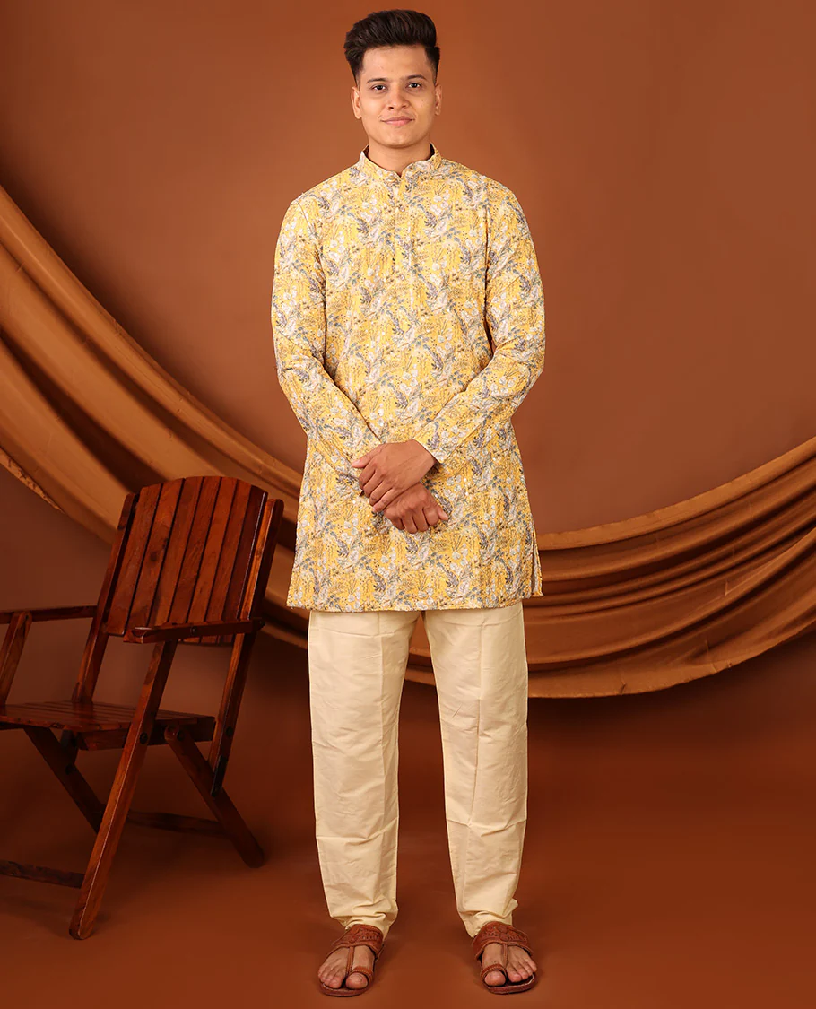 Yellow Tropical-Style Floral Printed with Sequins Work Full-Sleeved Men's Kurta - Image 4