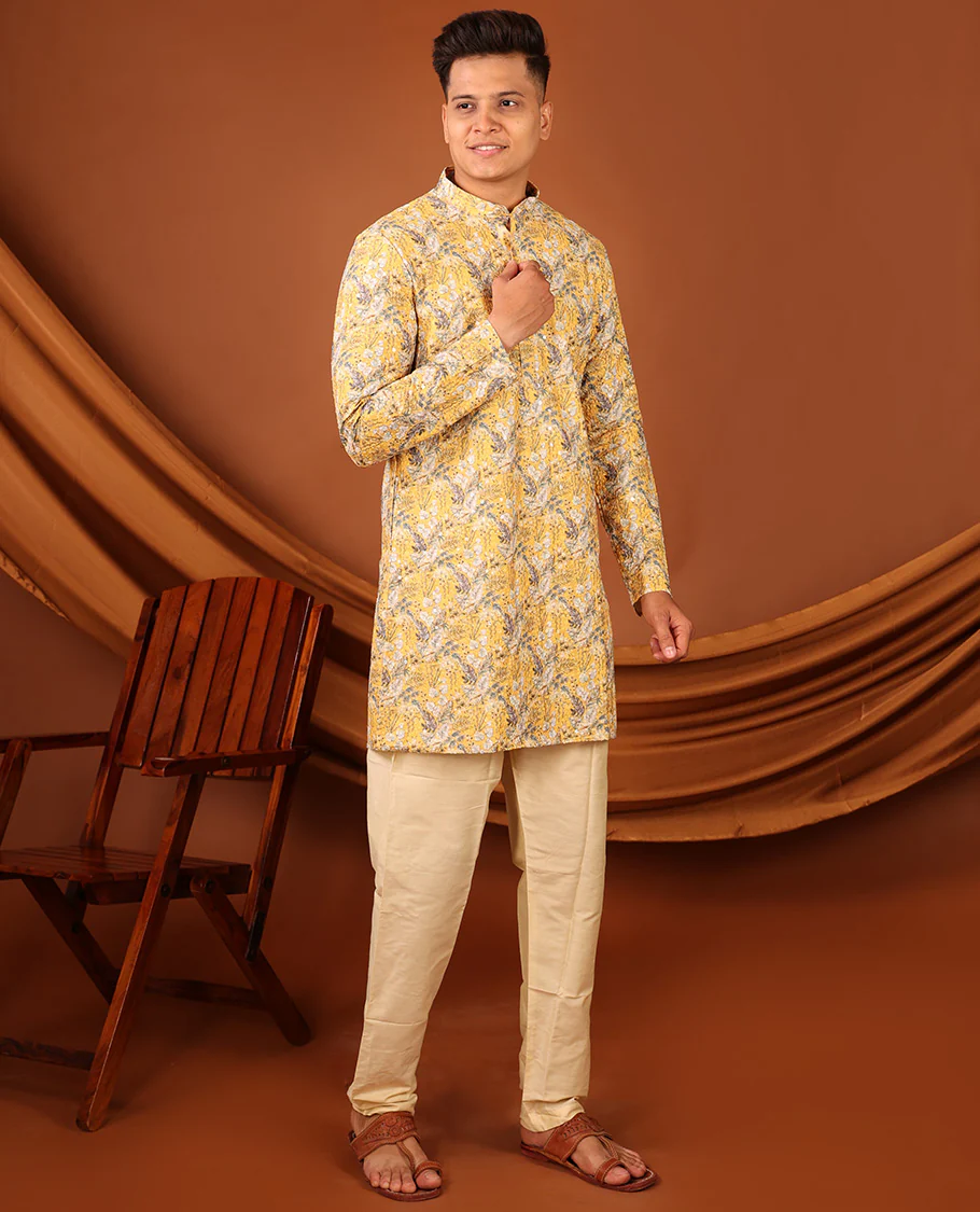 Yellow Tropical-Style Floral Printed with Sequins Work Full-Sleeved Men's Kurta - Image 5