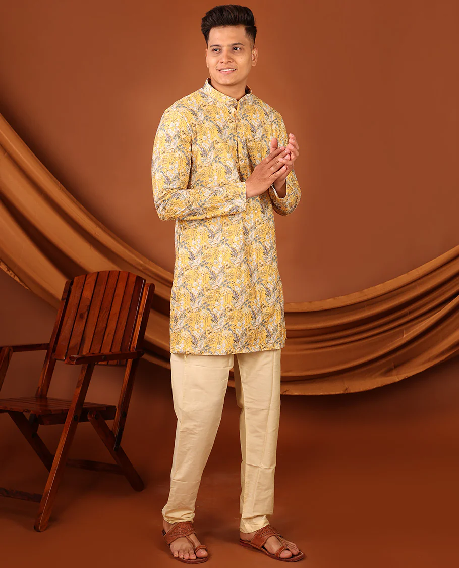 Yellow Tropical-Style Floral Printed with Sequins Work Full-Sleeved Men's Kurta - Image 6