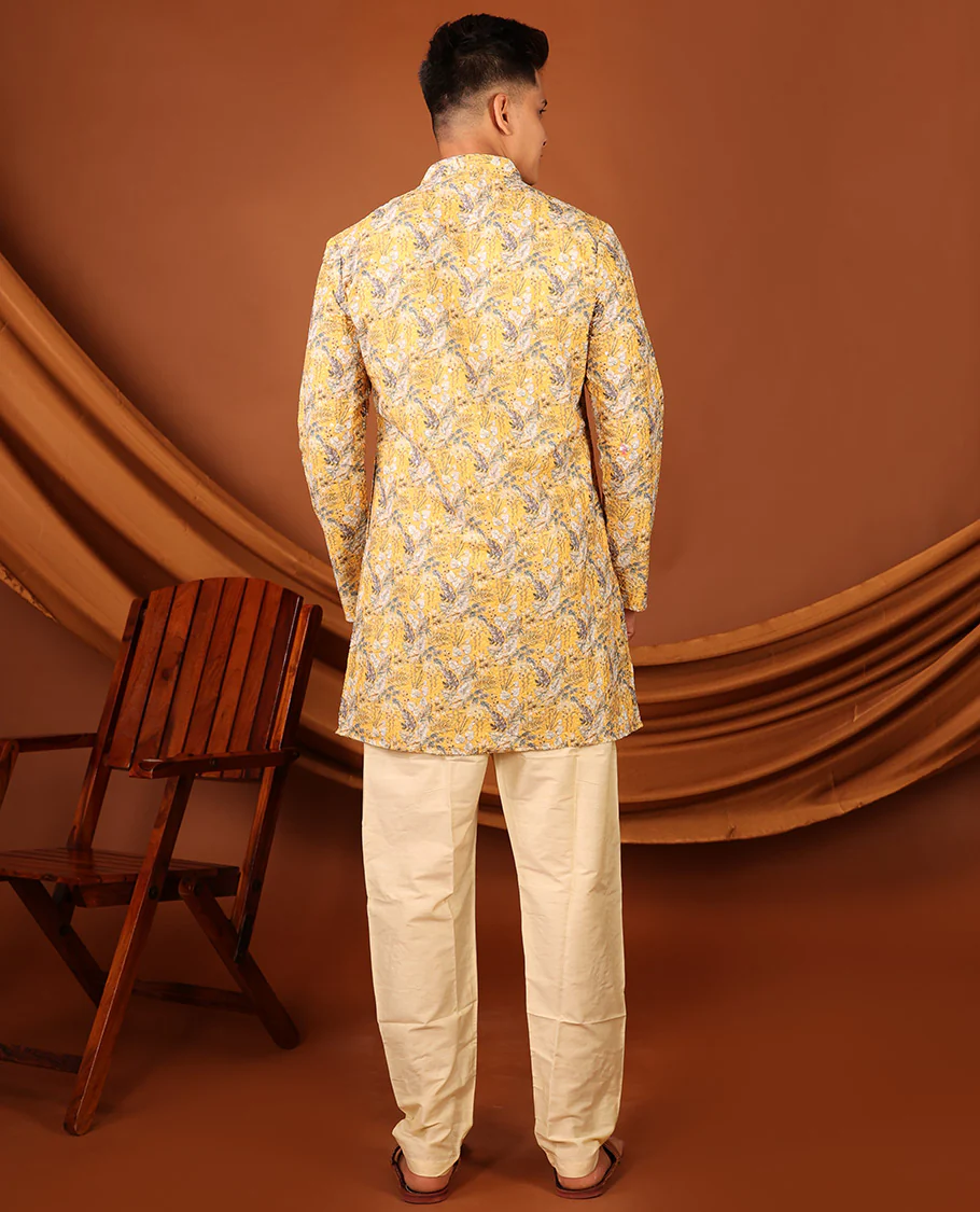 Yellow Tropical-Style Floral Printed with Sequins Work Full-Sleeved Men's Kurta - Image 7