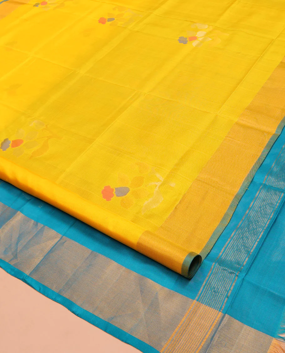 Yellow Uppada Silk Saree, Prettified with Floral Meena Buttas All Over Its Body, Subtle Plain Border, Complemented by Contrast Pallu Steeped with Floral Meena Buttas, and Paired with a Contrast Blouse - Image 2