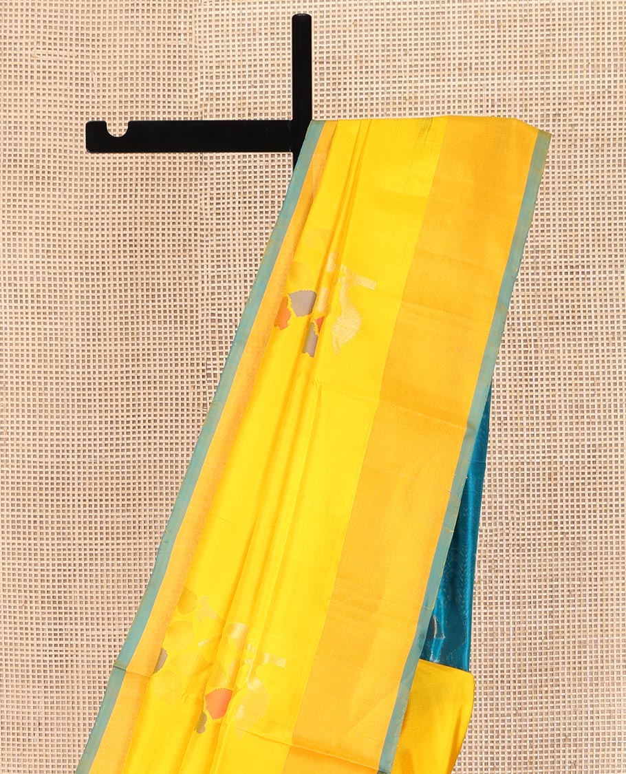 Yellow Uppada Silk Saree, Prettified with Floral Meena Buttas All Over Its Body, Subtle Plain Border, Complemented by Contrast Pallu Steeped with Floral Meena Buttas, and Paired with a Contrast Blouse - Image 3