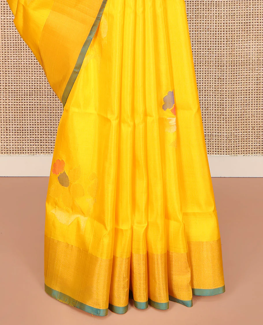 Yellow Uppada Silk Saree, Prettified with Floral Meena Buttas All Over Its Body, Subtle Plain Border, Complemented by Contrast Pallu Steeped with Floral Meena Buttas, and Paired with a Contrast Blouse - Image 4