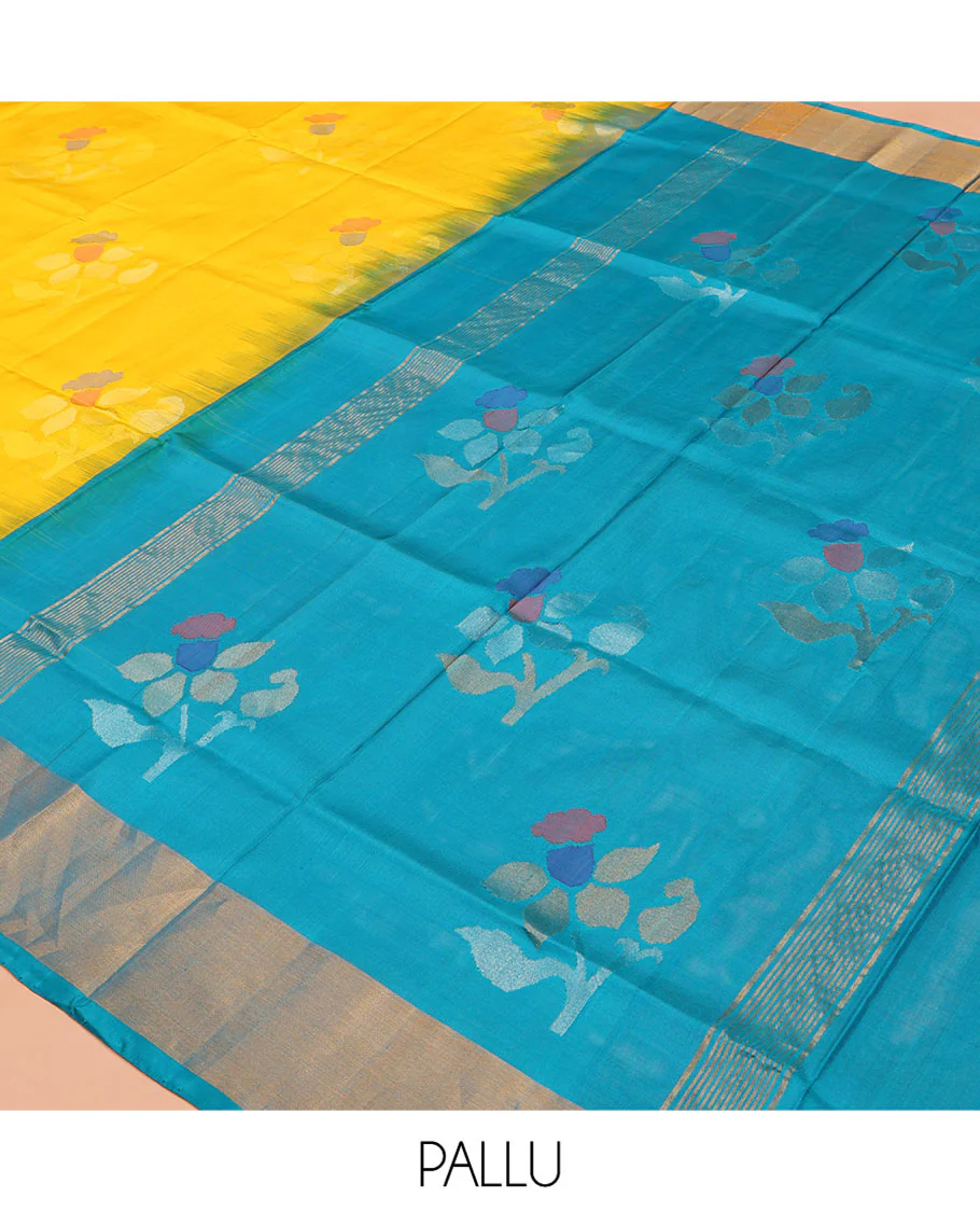 Yellow Uppada Silk Saree, Prettified with Floral Meena Buttas All Over Its Body, Subtle Plain Border, Complemented by Contrast Pallu Steeped with Floral Meena Buttas, and Paired with a Contrast Blouse - Image 5