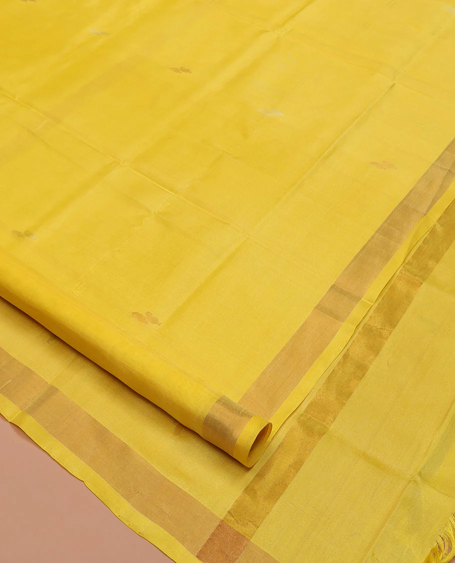 Yellow Uppada Silk Saree, Sparsely Woven with Buttas All Over Its Body, Subtle Bavanji Border, Pallu Steeped with Paisley Buttas, and Paired with a Matching Blouse - Image 2