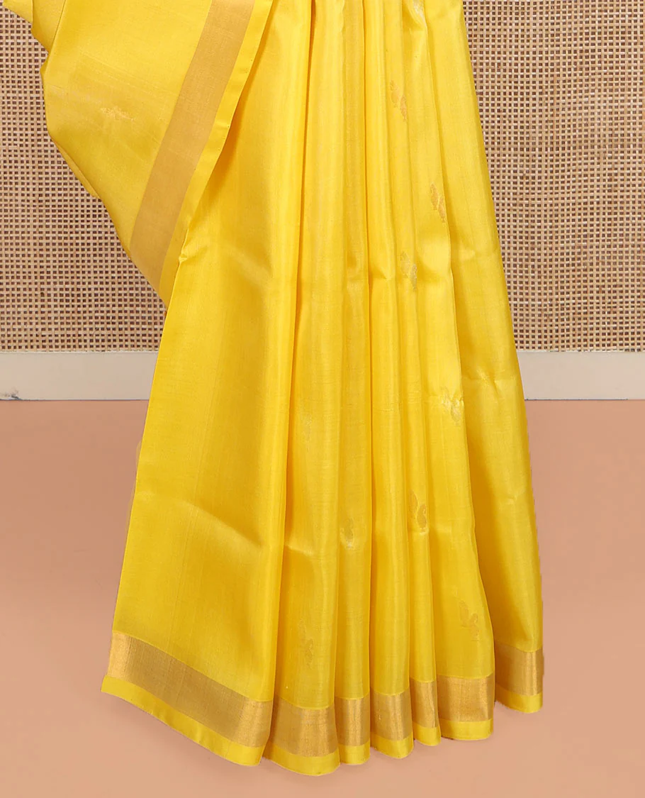 Yellow Uppada Silk Saree, Sparsely Woven with Buttas All Over Its Body, Subtle Bavanji Border, Pallu Steeped with Paisley Buttas, and Paired with a Matching Blouse - Image 4