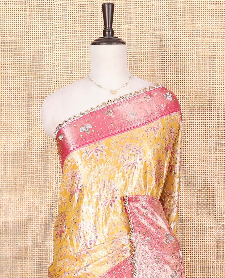 Yellow Vastrakala Silk Saree, Decked up with Floral Jacquard and Stone Work, Complemented by Contrast Traditional Zari and Cut Embroidered Scallop Border, Gleaming Grand Zari-Stone Work Pallu, and Paired with Contrast Heavy Stone Embroidered Blouse - Image 2