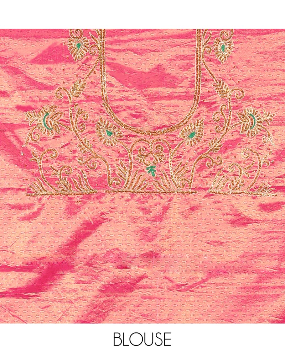Yellow Vastrakala Silk Saree, Highlighted with Jacquard and Embroidery Work, Complemented by Contrast Zari and Cut Embroidered Border, Gleaming Floral Jaal Stone Work Pallu, and Paired with Contrast Heavy Embroidered Blouse - Image 5