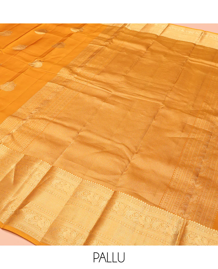 Yellow Vasundhara Lite Silk Mix Saree, Decorated with Zari Buttas, Highlighted by a Zari Border of Thilakam Mokku, Muthu, Kamalam, Mayil, Yaanai, Rettai Neli, and Mayil Kann Designs, Pallu of Mayil Kann Designs, and Paired with a Matching Blouse - Image 5