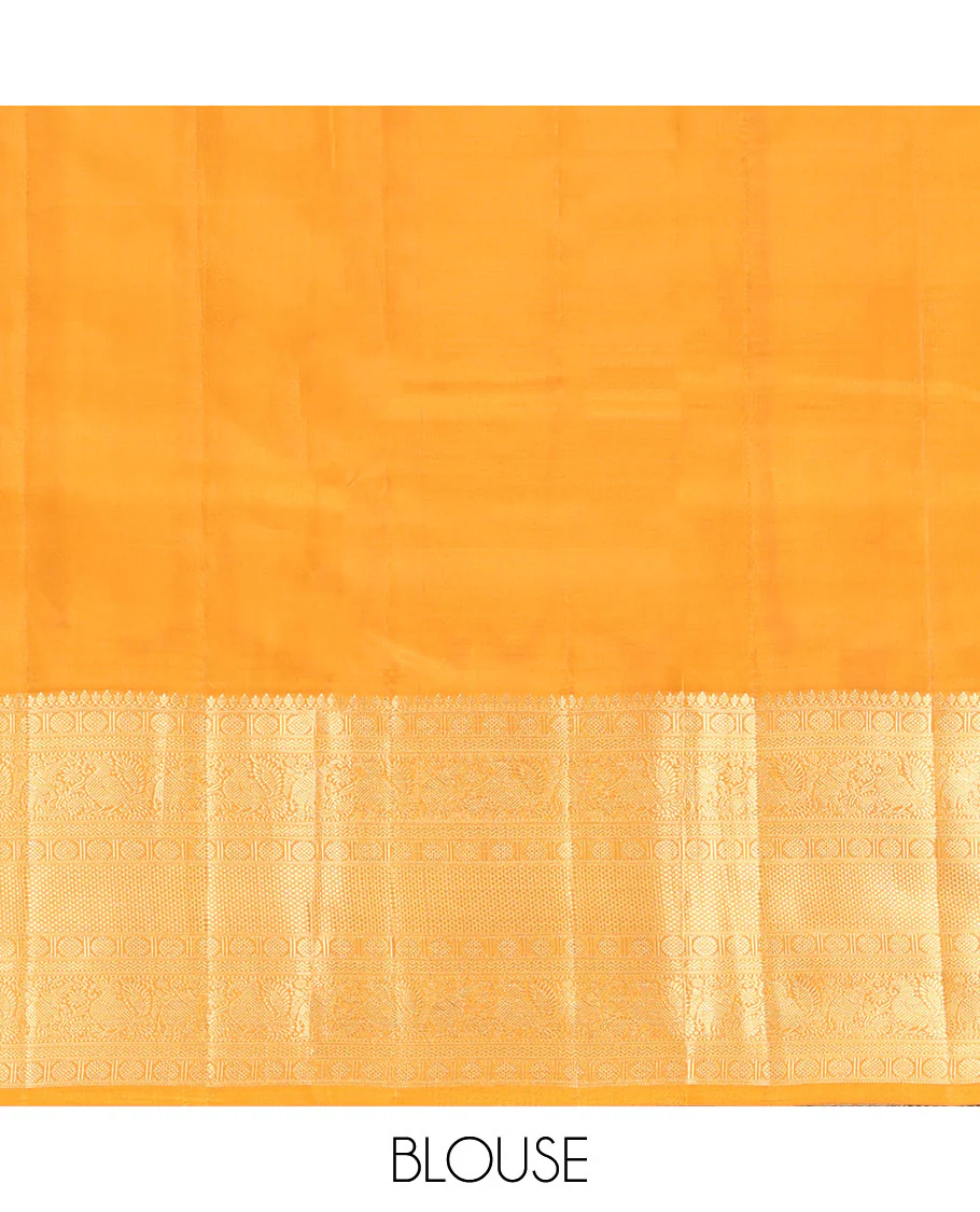 Yellow Vasundhara Lite Silk Mix Saree, Decorated with Zari Buttas, Highlighted by a Zari Border of Thilakam Mokku, Muthu, Kamalam, Mayil, Yaanai, Rettai Neli, and Mayil Kann Designs, Pallu of Mayil Kann Designs, and Paired with a Matching Blouse - Image 6