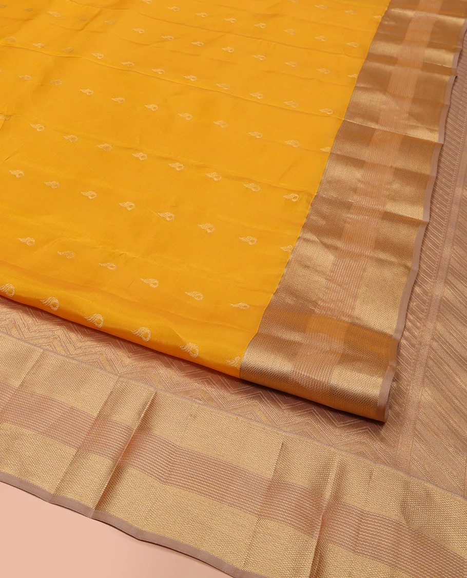 Yellow Vasundhara Lite Silk Mix Saree, Sparsely Woven with Zari Buttas, Complemented by a Contrast Border of Geometric Designs, Boldly Accentuated Pallu of Chevron Designs, and Paired with a Contrast Blouse - Image 2