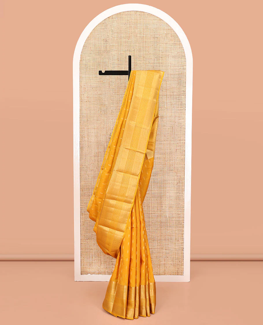 Yellow Vasundhara Lite Silk Mix Saree, Subtly Sparkled with Zari Buttas All Over Its Body, Highlighted by Traditional Zari Designs, Grand Pallu and Paired with a Matching Blouse