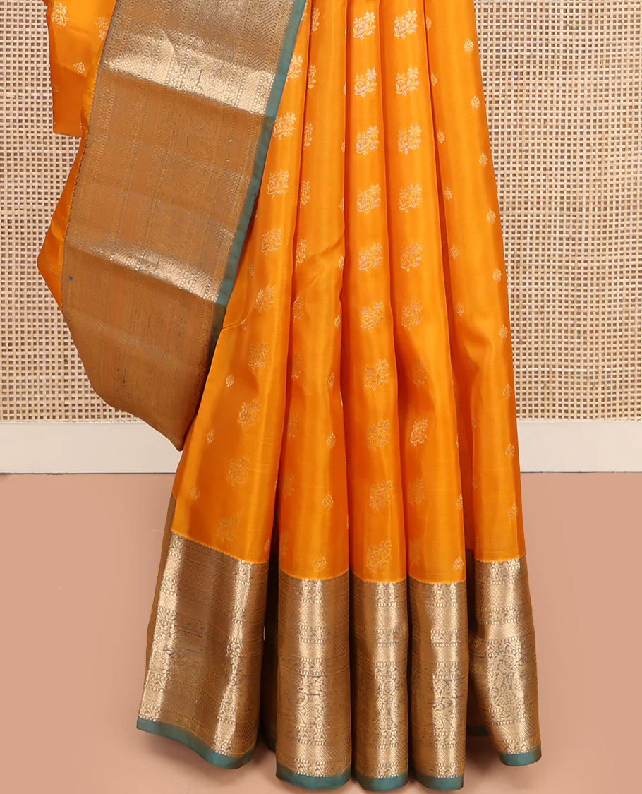 Yellow Vasundhara Lite Silk Mix Saree, Subtly Sparkled with Zari Buttas, Complemented by a Contrast Border of Muthu, Kodi Visiry, and Mayil Designs, Intricately Designed Pallu, and Paired with a Contrast Blouse - Image 4