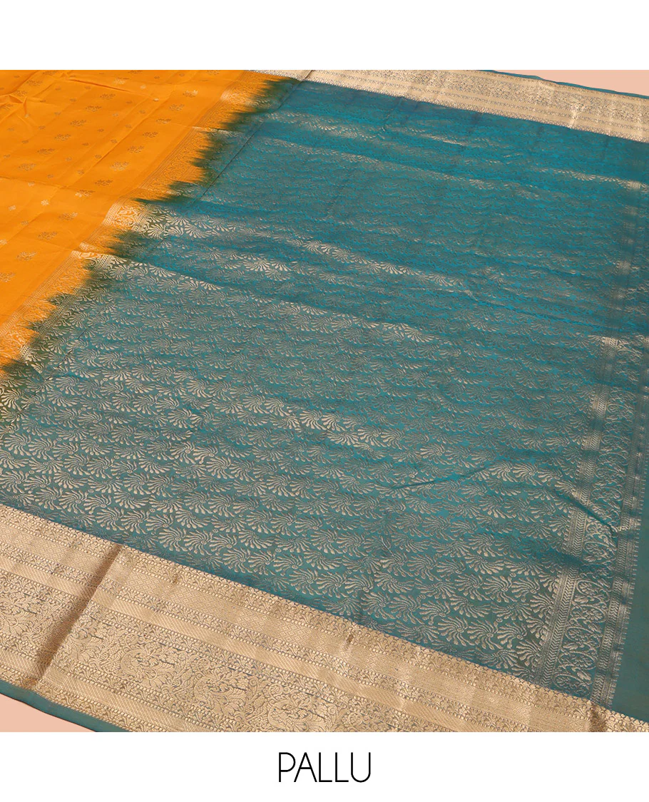 Yellow Vasundhara Lite Silk Mix Saree, Subtly Sparkled with Zari Buttas, Complemented by a Contrast Border of Muthu, Kodi Visiry, and Mayil Designs, Intricately Designed Pallu, and Paired with a Contrast Blouse - Image 5
