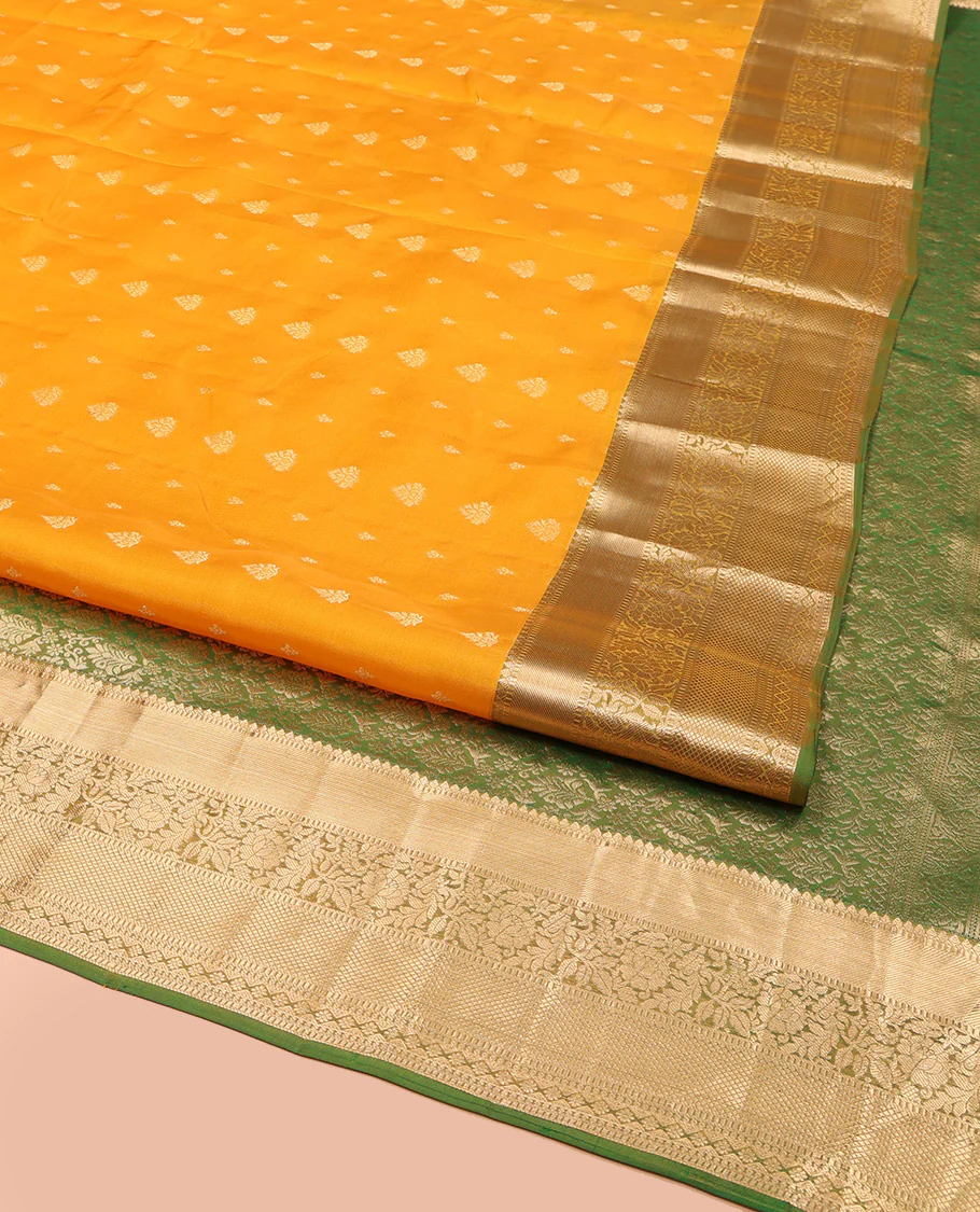 Yellow Vasundhara Lite Silk Mix Saree, Subtly Sparkled with Zari Buttas, Complemented by a Contrast Border of Thilakam Mokku, Muthu, Kodi Visiry, Diamond, and Kuyil Kann Designs, Beautifully Bedecked Pallu, and Paired with a Contrast Blouse - Image 2