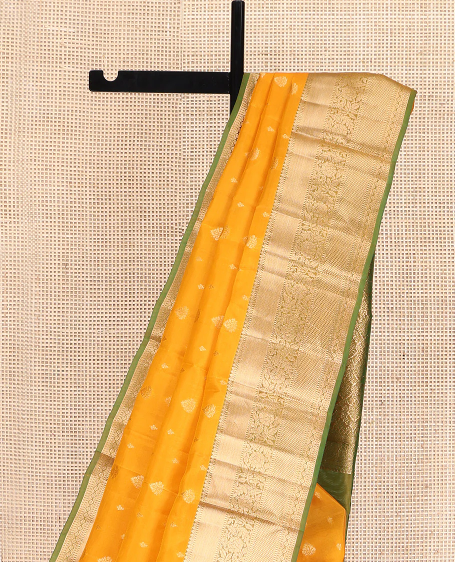 Yellow Vasundhara Lite Silk Mix Saree, Subtly Sparkled with Zari Buttas, Complemented by a Contrast Border of Thilakam Mokku, Muthu, Kodi Visiry, Diamond, and Kuyil Kann Designs, Beautifully Bedecked Pallu, and Paired with a Contrast Blouse - Image 3