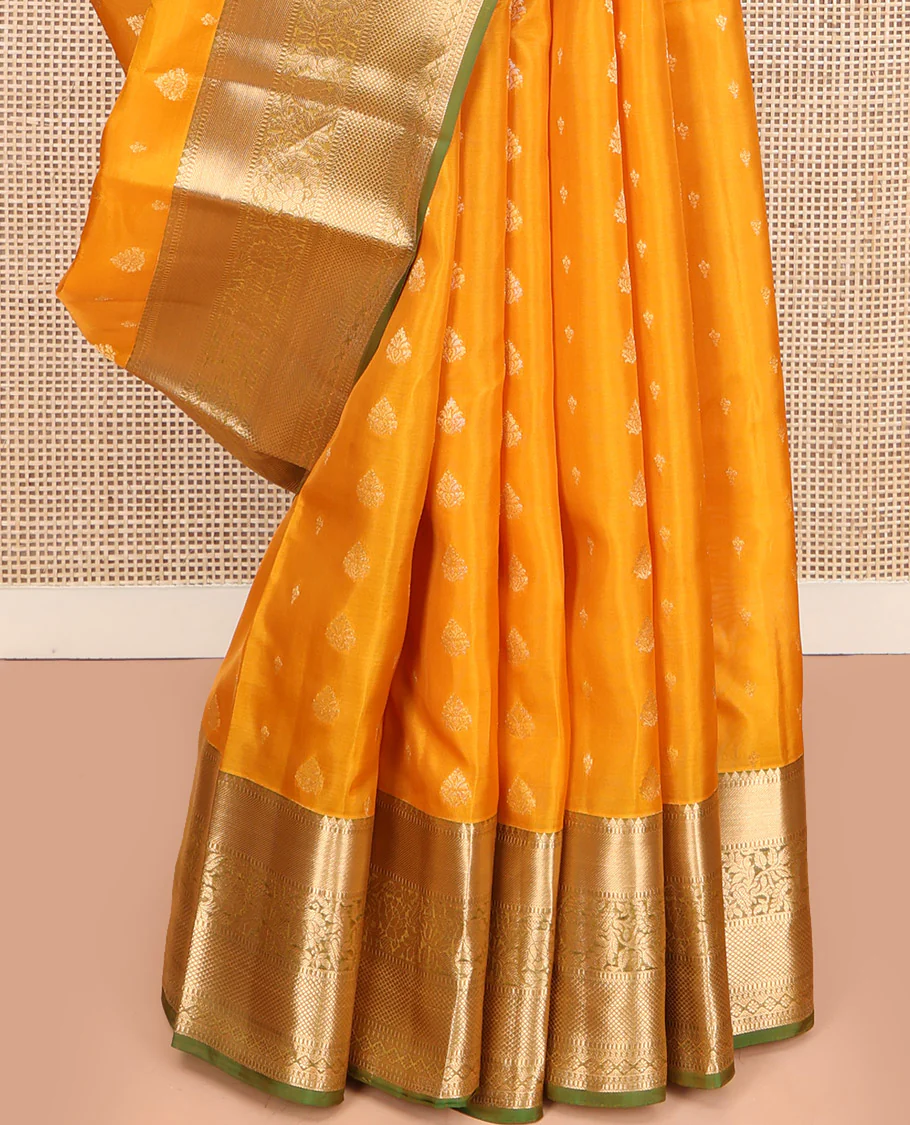 Yellow Vasundhara Lite Silk Mix Saree, Subtly Sparkled with Zari Buttas, Complemented by a Contrast Border of Thilakam Mokku, Muthu, Kodi Visiry, Diamond, and Kuyil Kann Designs, Beautifully Bedecked Pallu, and Paired with a Contrast Blouse - Image 4