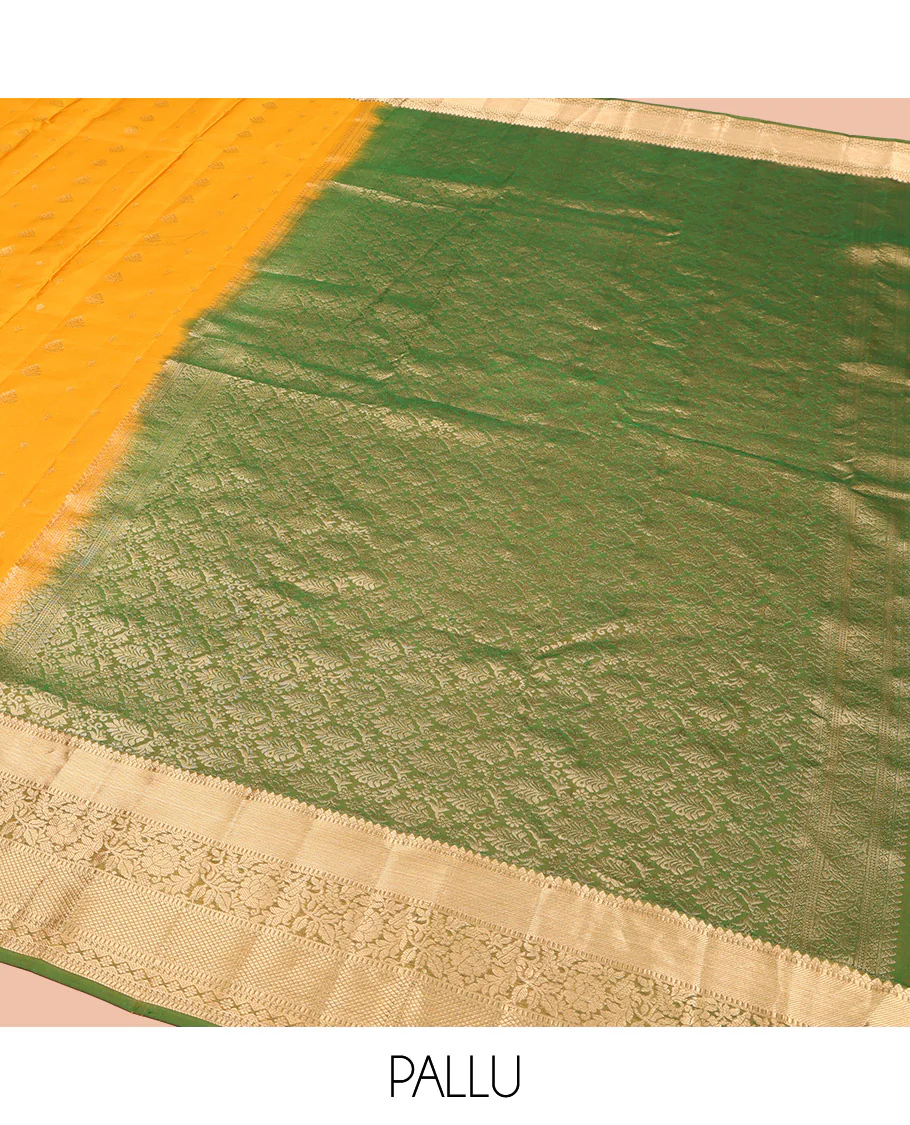 Yellow Vasundhara Lite Silk Mix Saree, Subtly Sparkled with Zari Buttas, Complemented by a Contrast Border of Thilakam Mokku, Muthu, Kodi Visiry, Diamond, and Kuyil Kann Designs, Beautifully Bedecked Pallu, and Paired with a Contrast Blouse - Image 5
