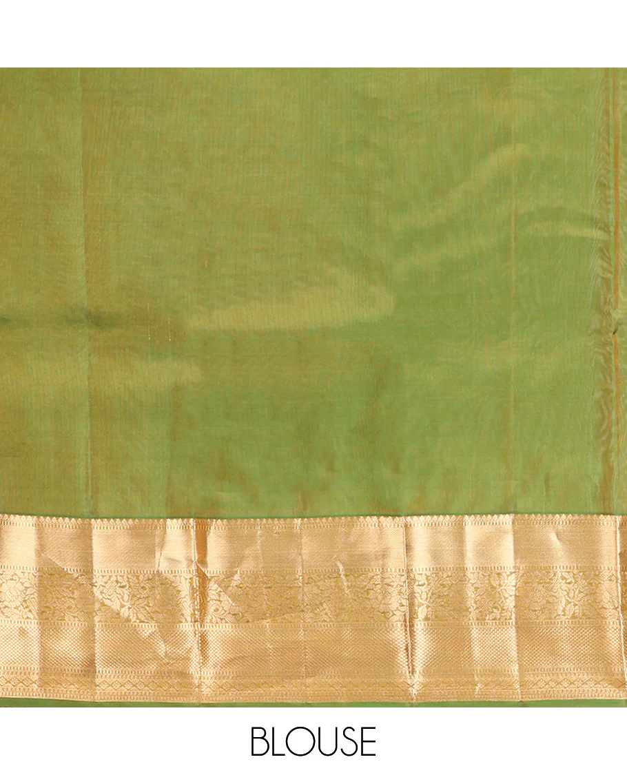 Yellow Vasundhara Lite Silk Mix Saree, Subtly Sparkled with Zari Buttas, Complemented by a Contrast Border of Thilakam Mokku, Muthu, Kodi Visiry, Diamond, and Kuyil Kann Designs, Beautifully Bedecked Pallu, and Paired with a Contrast Blouse - Image 6