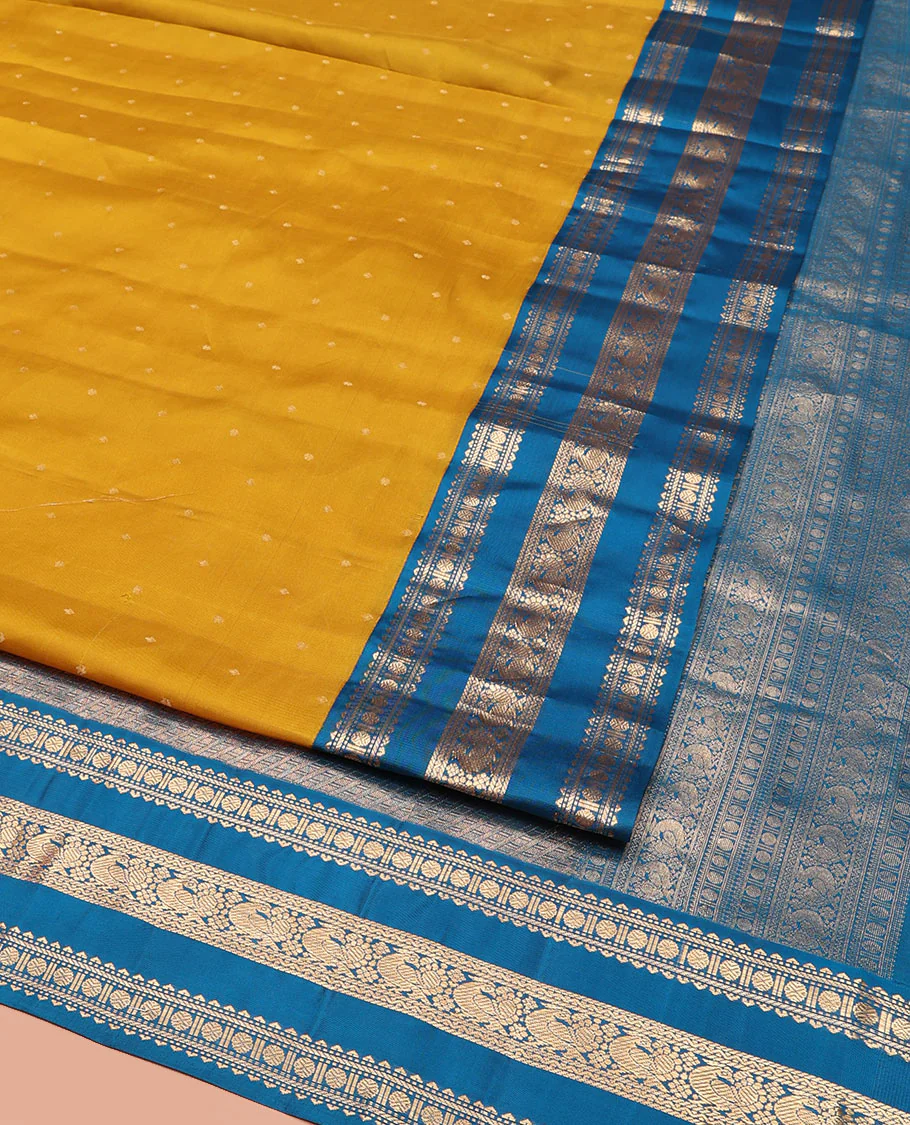 Yellow Vasundhara Silk Saree, Embellished with Zari Buttas All Over Its Body, Complemented by a Contrast Border of Rekku, Banaras, Rudraksham, Neli, and Mayil Designs, Grand Pallu of Geometric Patterns, and Paired with a Contrast Blouse - Image 3