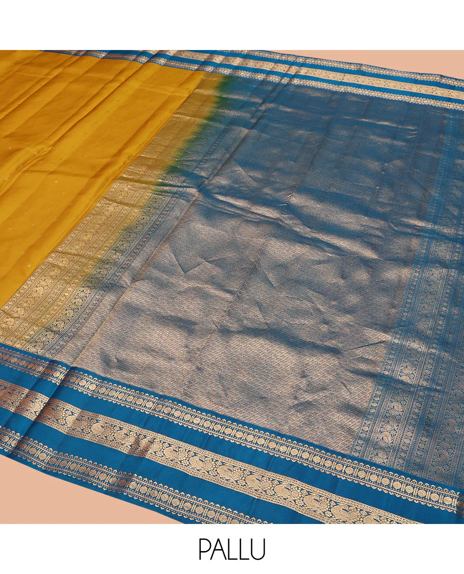 Yellow Vasundhara Silk Saree, Embellished with Zari Buttas All Over Its Body, Complemented by a Contrast Border of Rekku, Banaras, Rudraksham, Neli, and Mayil Designs, Grand Pallu of Geometric Patterns, and Paired with a Contrast Blouse - Image 5