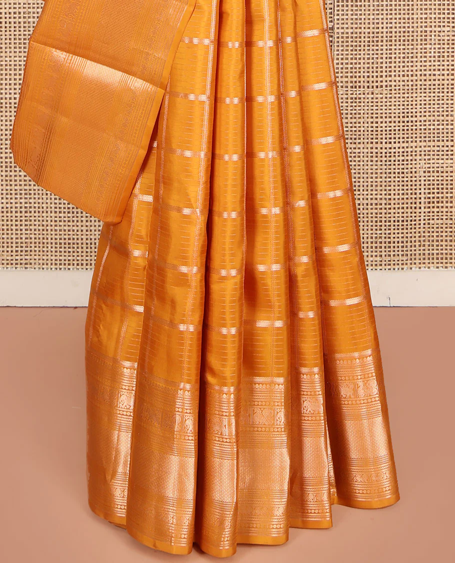 Yellow Vasundhara Silk Saree, Enriched with Zari Butta Enclosed Checked Design All Over Its Body, Highlighted by Zari Border of Thilakam Mokku, Muthu, Mayil, Yaanai, and Mayil Kann Designs, Grand Jaal Pallu, and Paired with a Matching Blouse - Image 4