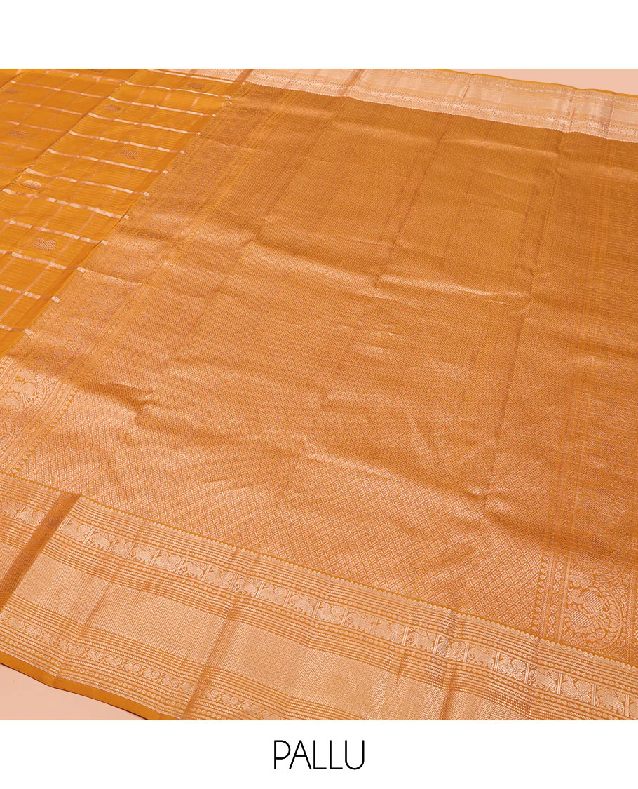 Yellow Vasundhara Silk Saree, Enriched with Zari Butta Enclosed Checked Design All Over Its Body, Highlighted by Zari Border of Thilakam Mokku, Muthu, Mayil, Yaanai, and Mayil Kann Designs, Grand Jaal Pallu, and Paired with a Matching Blouse - Image 5