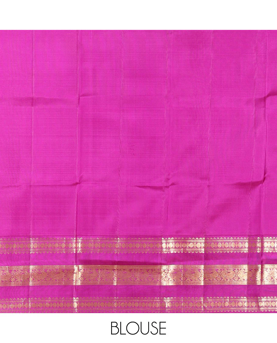 Yellow Vasundhara Silk Saree Finely Woven with Zari Buttas, Complemented with Varisai Pettu Border Featuring Rekku, Muthu, Banaras, Rudraksham, and Mayil Designs, Majestically Zari-Woven Pallu, and a Contrast Blouse - Image 7