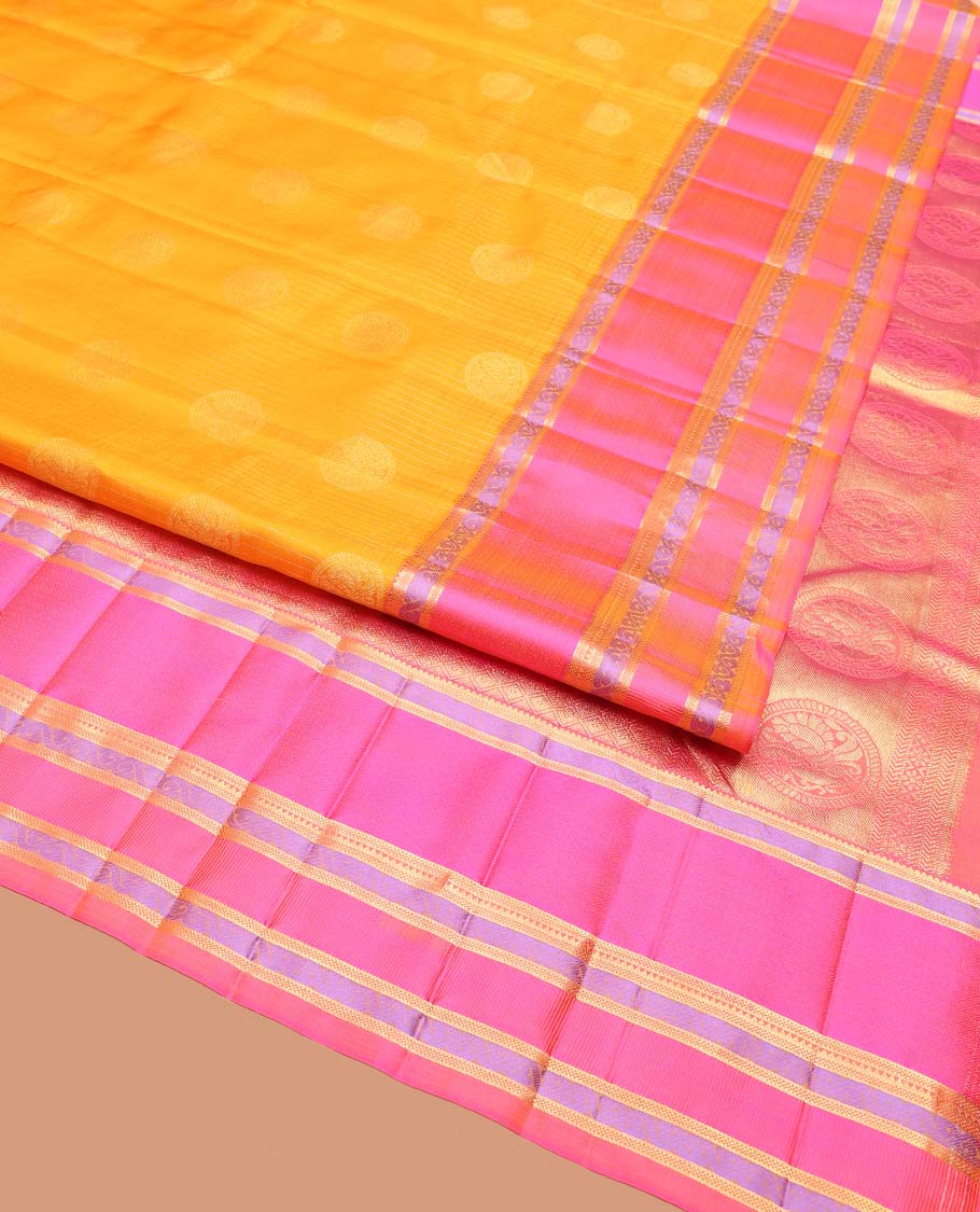 Yellow Vasundhara Silk Saree, Sparsely Woven with Stripes and Chakram Buttas on Its Body, Complemented by a Contrast Border of Rekku, Bentex, and Kodi Visiry Designs, Grand Jaal Design Pallu, and Paired with a Contrast Blouse - Image 2