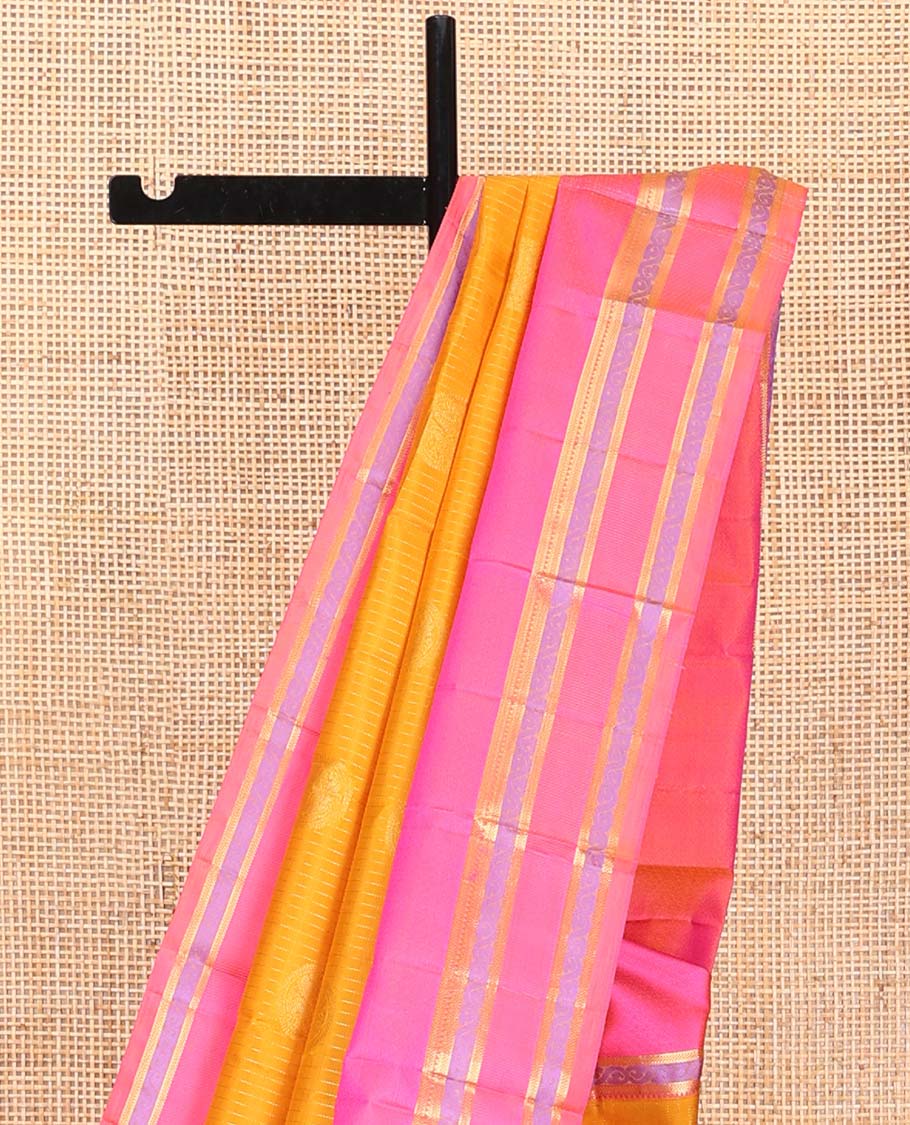 Yellow Vasundhara Silk Saree, Sparsely Woven with Stripes and Chakram Buttas on Its Body, Complemented by a Contrast Border of Rekku, Bentex, and Kodi Visiry Designs, Grand Jaal Design Pallu, and Paired with a Contrast Blouse - Image 3