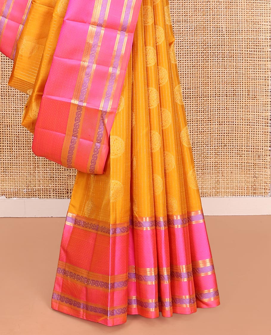 Yellow Vasundhara Silk Saree, Sparsely Woven with Stripes and Chakram Buttas on Its Body, Complemented by a Contrast Border of Rekku, Bentex, and Kodi Visiry Designs, Grand Jaal Design Pallu, and Paired with a Contrast Blouse - Image 4