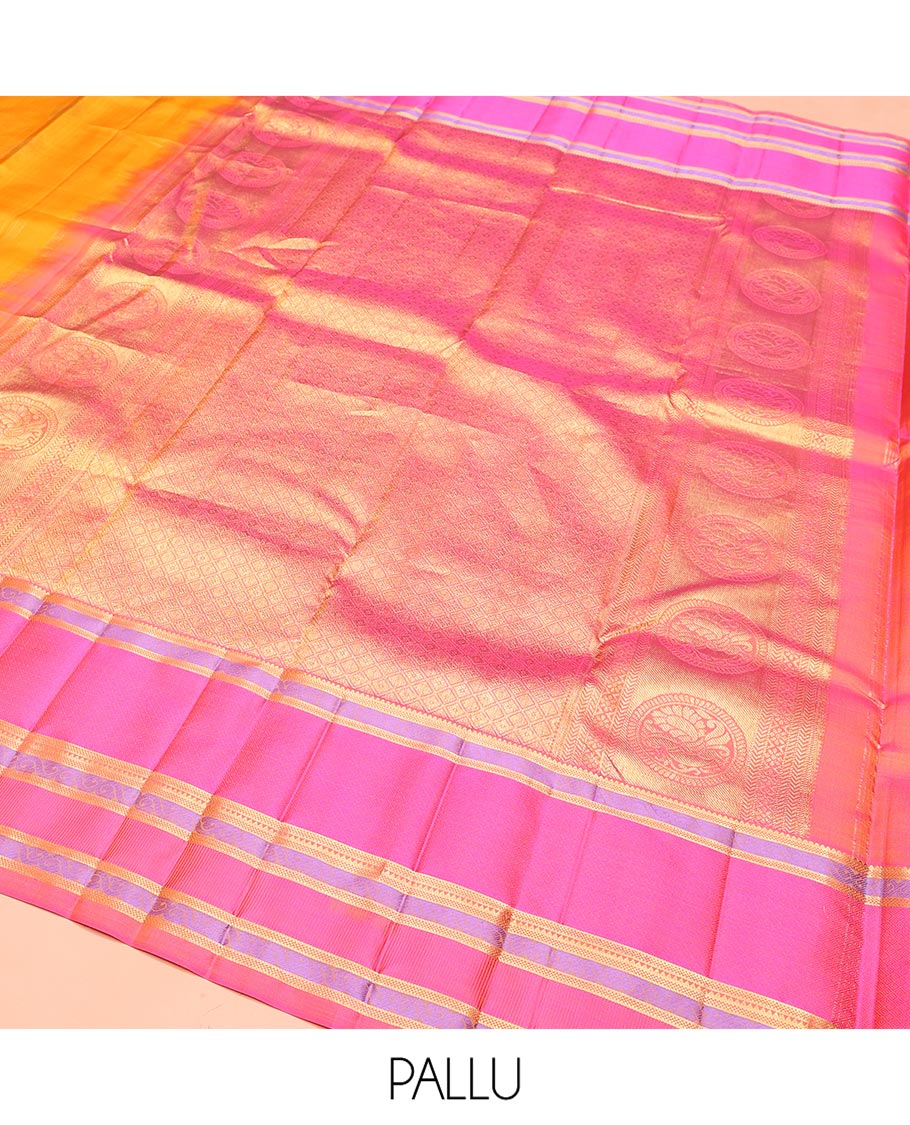Yellow Vasundhara Silk Saree, Sparsely Woven with Stripes and Chakram Buttas on Its Body, Complemented by a Contrast Border of Rekku, Bentex, and Kodi Visiry Designs, Grand Jaal Design Pallu, and Paired with a Contrast Blouse - Image 5