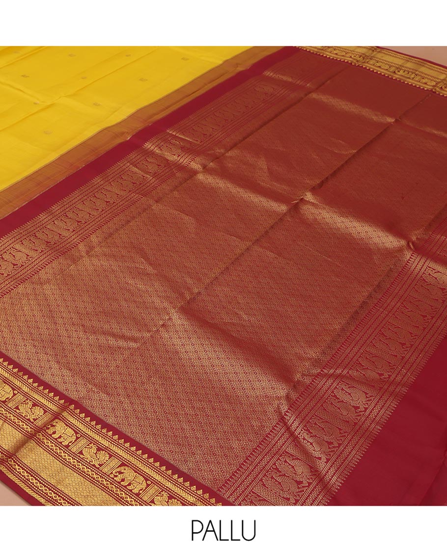 Yellow Vasundhara Silk Saree, Subtly Sparkled with Buttas All Over Its Body, Complemented by a Contrast Border of Thilakam, Neli, Kathir, Mayil, Yaanai, and Mayil Kann Designs, Grand Jaal Pallu, and Paired with a Contrast Blouse - Image 5