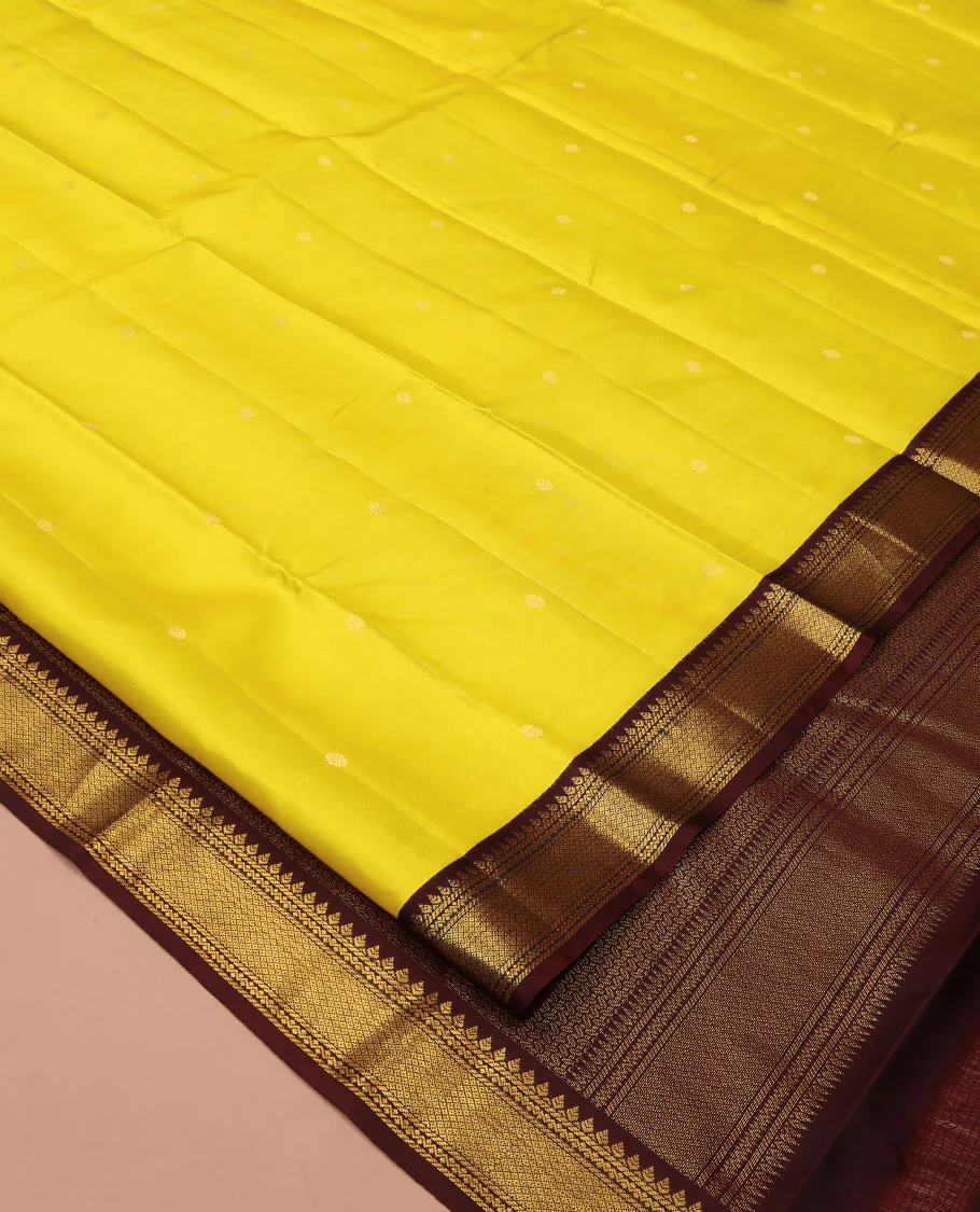 Yellow Vasundhara Silk Saree, Woven with Zari Buttas All Over Its Body, Complemented by a Contrast Korvai Border of Thilakam, Banaras, Neli, and Mayil Kann Designs, Grand Pallu, and Paired with a Contrast Blouse - Image 2