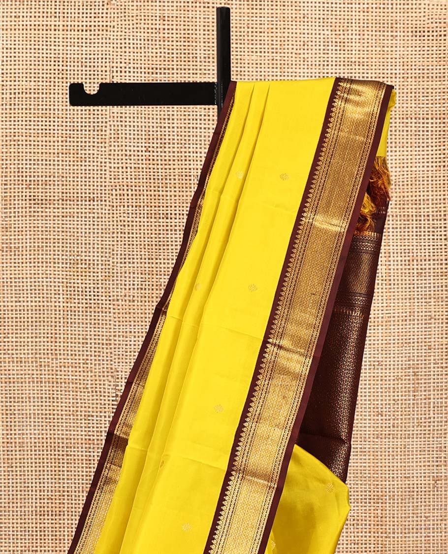 Yellow Vasundhara Silk Saree, Woven with Zari Buttas All Over Its Body, Complemented by a Contrast Korvai Border of Thilakam, Banaras, Neli, and Mayil Kann Designs, Grand Pallu, and Paired with a Contrast Blouse - Image 3