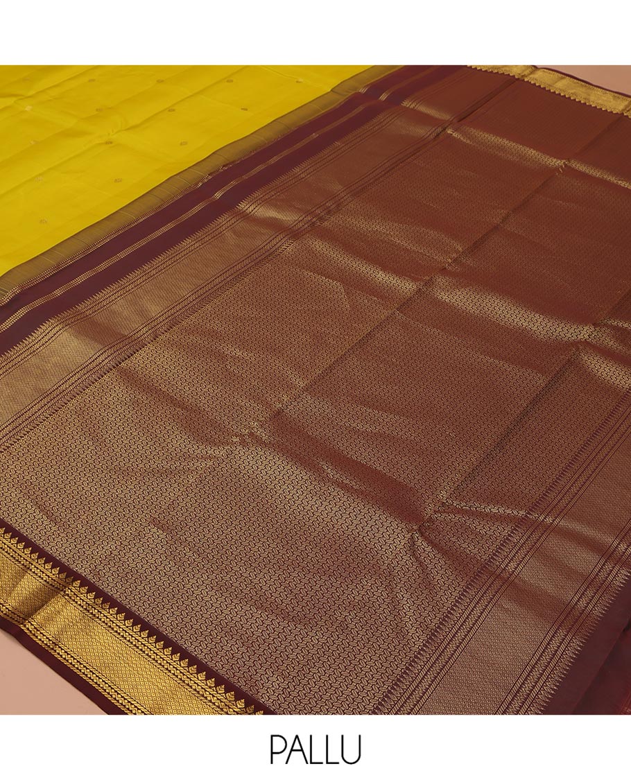 Yellow Vasundhara Silk Saree, Woven with Zari Buttas All Over Its Body, Complemented by a Contrast Korvai Border of Thilakam, Banaras, Neli, and Mayil Kann Designs, Grand Pallu, and Paired with a Contrast Blouse - Image 5