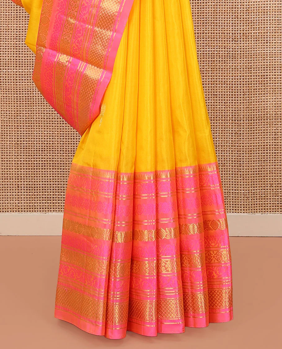 Yellow Venkatagiri Silk Saree, Sparsely Woven with Zari Buttas All Over Its Body, Complemented by a Contrast Border of Temple, Floral, and Peacock-Eye Designs, Pallu of Peacock Eye Designs, and Paired with a Contrast Blouse - Image 3