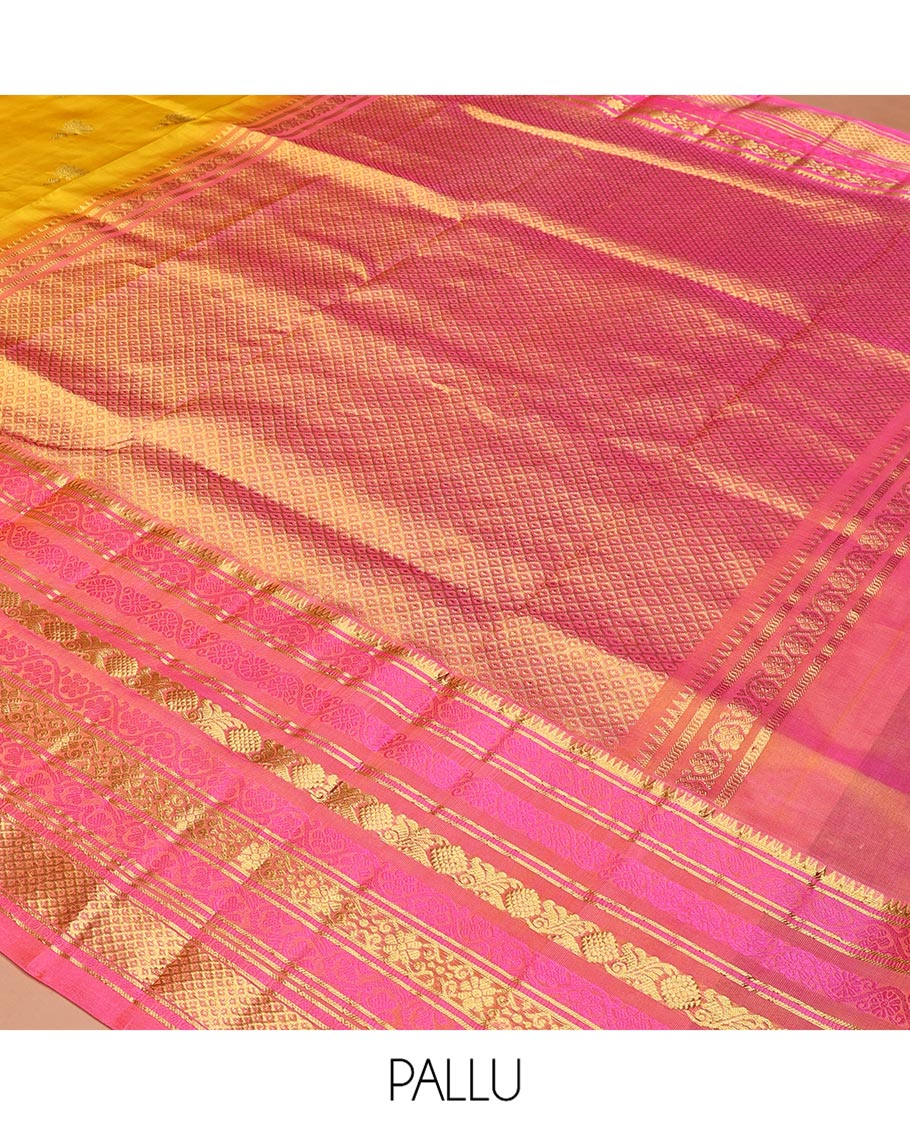 Yellow Venkatagiri Silk Saree, Sparsely Woven with Zari Buttas All Over Its Body, Complemented by a Contrast Border of Temple, Floral, and Peacock-Eye Designs, Pallu of Peacock Eye Designs, and Paired with a Contrast Blouse - Image 4