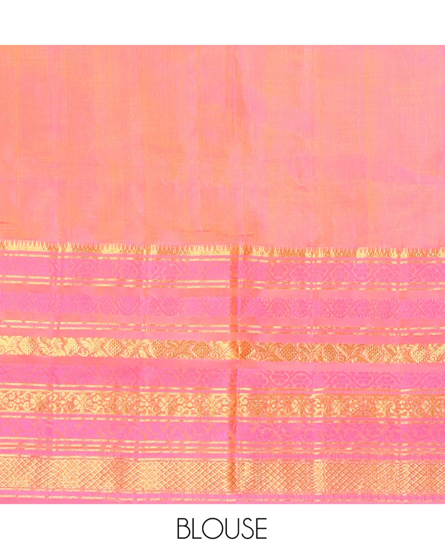 Yellow Venkatagiri Silk Saree, Sparsely Woven with Zari Buttas All Over Its Body, Complemented by a Contrast Border of Temple, Floral, and Peacock-Eye Designs, Pallu of Peacock Eye Designs, and Paired with a Contrast Blouse - Image 5