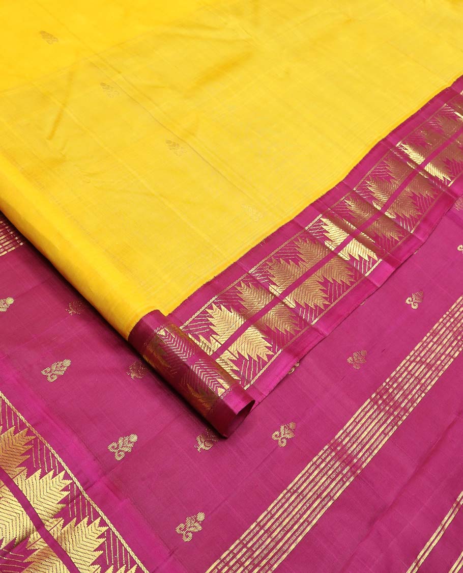 Yellow zari buttas Kanchipuram silk saree, contrast thazampoo rekku border, and zari design pallu - Image 2